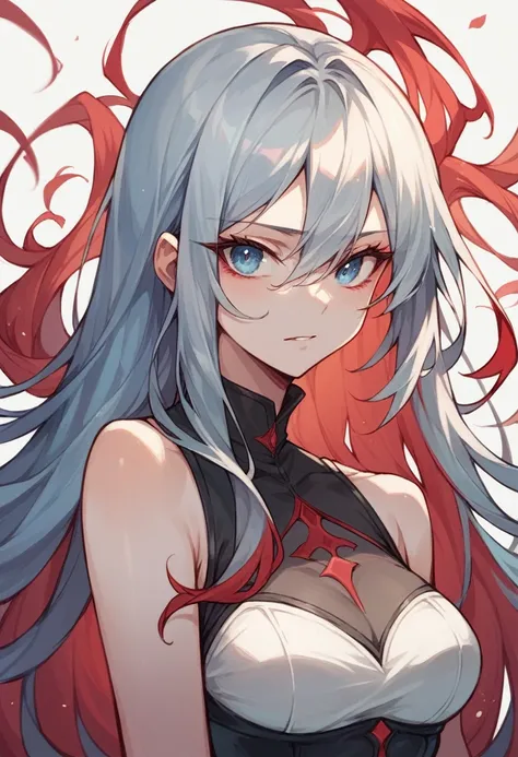 Long hair girl, wavy and silver with red highlights with blue eyes