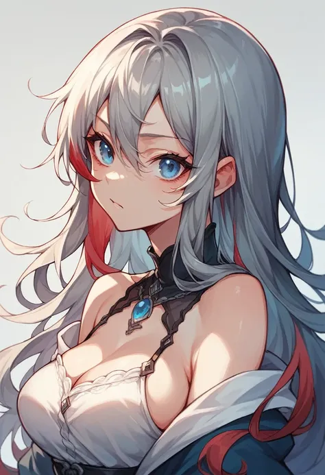 Long hair girl, wavy and silver with red highlights with blue eyes