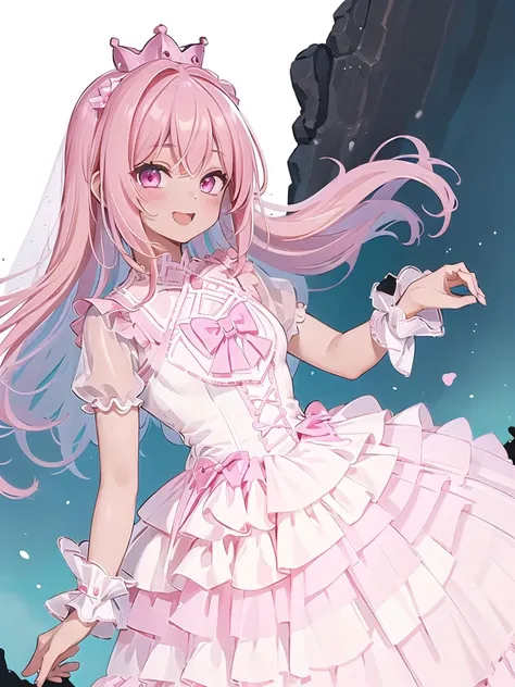 best quality, ultra-detailed, (1girl, solo,  cyb dress, pink dress, frills, see-through short sleeves, wrist cuffs ,black skin , hair pulled back, :D,full crown hair, strawberry blonde hair), on a cliff