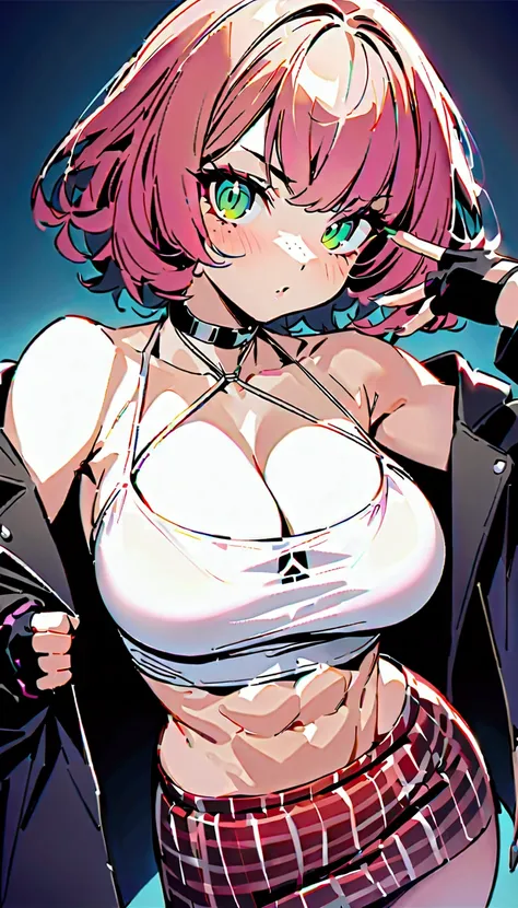 woman, curly red pixie cut hair, green eyes, wearing crop top black shirt, long black jacket, red plaid skirt, black fingerless gloves, exposed shoulders, large breasts freckles, cleavage, abs, looking at viewer, masterpiece, best quality, Holo-Punk Style