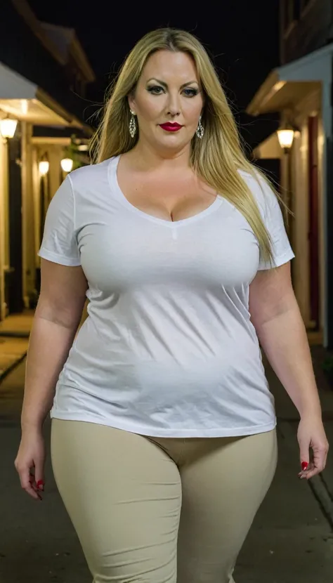 Fat woman, 40 years old white Caucasian woman, walking outside, night time, new Orleans, long straight blonde hair, serious, chubby, bbw, elegant, cleavage, thick thighs, tshirt and pants, big hips, makeup, lipstick 