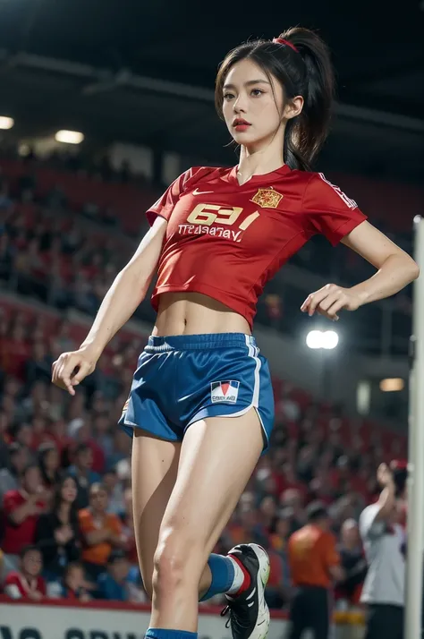 (((best quality))), (((ultra detailed))), (((masterpiece))), illustration,(a beautiful girl,female footballer,solo),(short ponytail:1.2),Spanish team,((red jersey, blue shorts)),((slim,thin)),((small breasts,flat chest))),football,determination, agility, p...