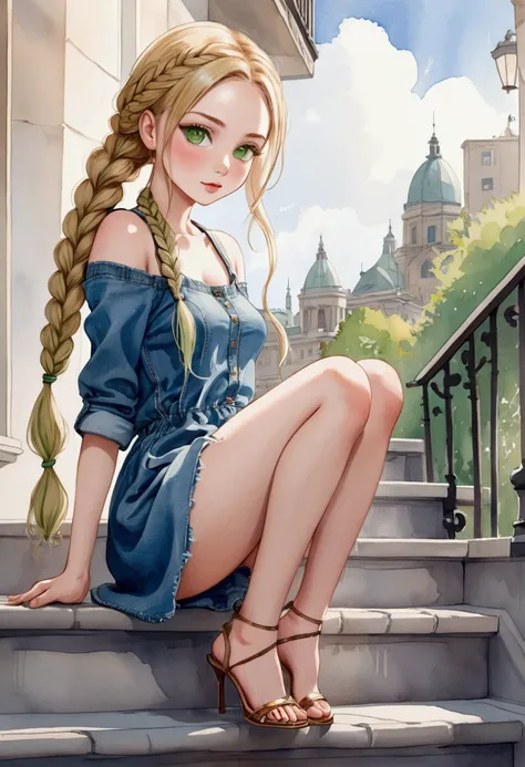 watercolor drawing, a beautiful  with blonde hair and green eyes, She wears denim dress, she wears braids in her hair, she is sitting on a stair railing, legs open, she seems to be having fun showing her panties