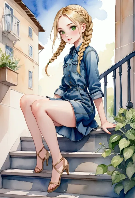 watercolor drawing, a beautiful  with blonde hair and green eyes, She wears denim dress, she wears braids in her hair, she is sitting on a stair railing, legs open, she seems to be having fun showing her panties