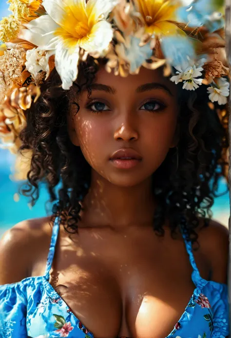 Ultra-realistic, 4K, Professional photos, 22-year-old girl, Black girl, ((huge breasts)), big curly hair, High resolution, Detailed face, Medium bodied, Floral skirt, (Open blue shirt), masterpiece, (Lighting), (1 solo), Beach Background, Realistic Backgro...