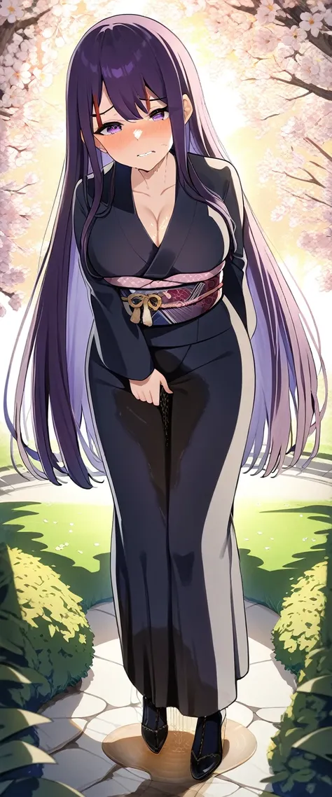 (masterpiece:1.37), best quality, (extremely detailed:1.37), (1girl:1.5), woman, (mature:1.5), (adult:1.5), large breasts, very long hair, (straight hair:1.5), (very dark purple hair:1.5), purple eyes, (extremely detailed eyes:1.37), (furisode:2.0), desper...