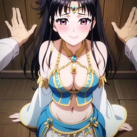 1girl, purple eyes, red eyeshadow, long hair, belly dancer, smile, blush, Kabedon POV