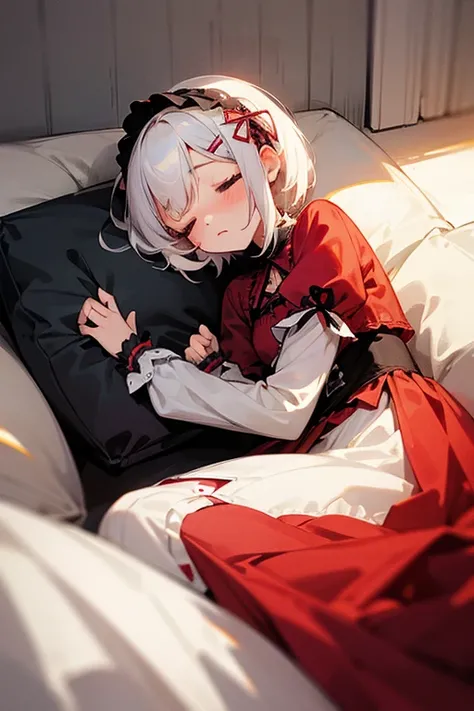 Short white hair, blush, Gothic Lolita、Punk Fashion、Headbang 2.、White and red clothes、Braiding、2 hair clips、Sleeping on the sofa、