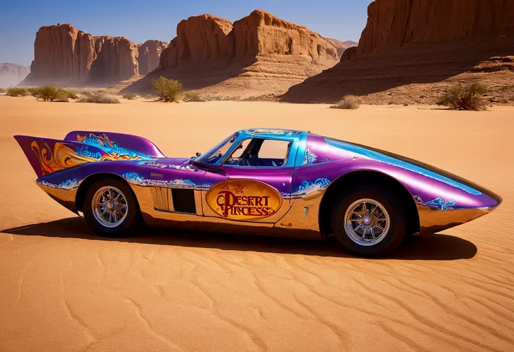 A race car with Desert Princess written on the side, along with a painting of a desert princess, car show