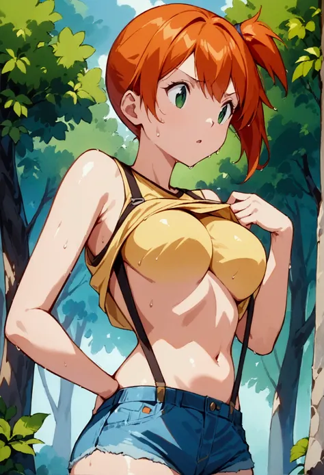 score_9,score_8_up, score_7_up,source_anime.superior,from side,breast below view,.  (Insects Eye).,, masterpiece,bestquality, Highest quality, (mature) ,(One girl), Outdoor, Green Eyes, Orange Hair, Side Ponytail, Yellow Shirt, Sleeveless shirt,belly butto...