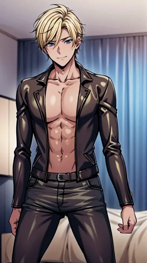 Ultra HD, Super quality, masterpiece, no underwear, blonde short hair, 17 old a boy, solo gay boy, Gay Hentai Anime, Nice body, ((Beautiful anime boy face:1.3)), alone bedroom, full body, sexy body, black leather jacket, micro leather shorts, crotch emphas...