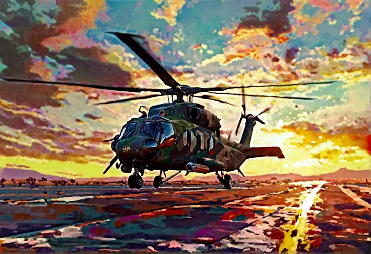 a combat helicopter with desert princess written on the side, a painting of a desert princess, military airfield, highly detailed, photorealistic, 8k, hyper detailed, cinematic lighting, dramatic sky, volumetric fog, epic, intricate details, award winning,...