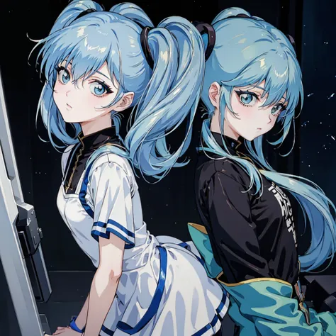 blue hair, twin tails, with a girl１people,transparency