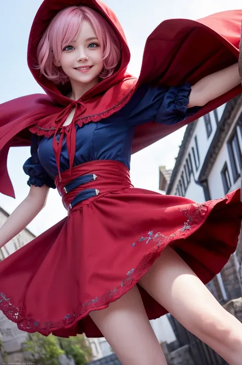 scythe, little red riding hood
(1 girl), (pink short hair, blue eyes), (smiling), (lolita dress, red cloak), (extremely detailed outfit), (dynamic pose), (dynamic shot), (masterpiece, best quality), col