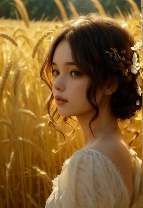 A captivating brunette woman, wavy hair, well-shaped figure dons a vibrant white dress amidst the golden wave of the wheat yard. The sunlight bathes her in its natural radiance, heightening the sense of sensuality she exudes. The photograph is taken from a...