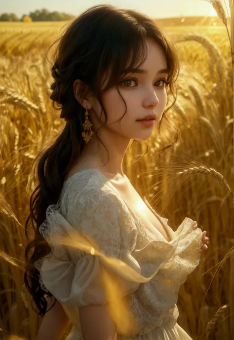 A captivating brunette woman, wavy hair, well-shaped figure dons a vibrant white dress amidst the golden wave of the wheat yard. The sunlight bathes her in its natural radiance, heightening the sense of sensuality she exudes. The photograph is taken from a...