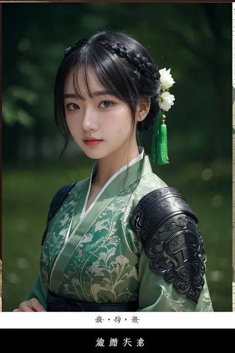 1 girl, heroine, handsome, splashed ink, chinese armor, (upper body), black hair, floating hair, delicate eyes, black and green ...