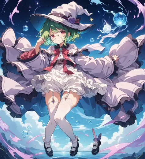 BREAK Perfect Anatomy、(High resolution:1.2)、Incredible illustrations、(Cute illustrations:1.2)、 （Beautiful background,starry skies), 1girl(A large witchs hat with a wide frill and a purple rose decoration, a robe with the Dukes coat of arms on the sleeve, a...