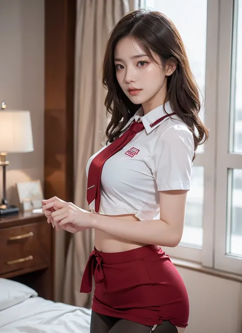 （8K，best quality，masterpiece：1.2），（In reality，realistic：1.4），（RAW photos）,perfect details，18-year-old South Korean female model，Korean beautiful girl，Goose egg face shape，wavy curly hair，pure desire，((upper body：5 Point Shirt，black shirt，(Little Red Tie)，s...