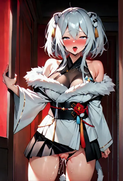 NSFW,masterpiece,Highest quality,High resolution,Super detailed,Shishirabotan(Hololive),Double Odango、flower、Side Lock、Lions tail、White kimono、Off the shoulder、fur ornament、Black Hakama、Short skirt,blush,(In heat),(I feel),(Ahegao),Prostitute,(Red light di...