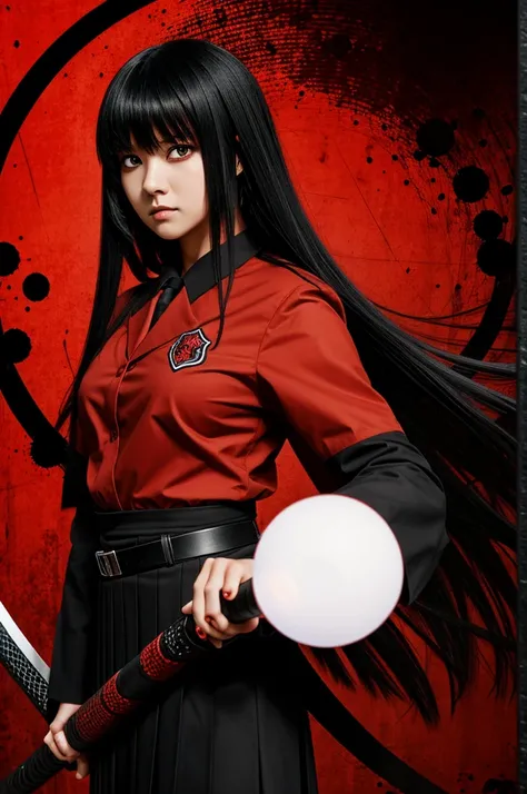 demon sleyer, female, anime honeycomb, black hair with bangs, Red eyes, hashira uniform, red and black katana