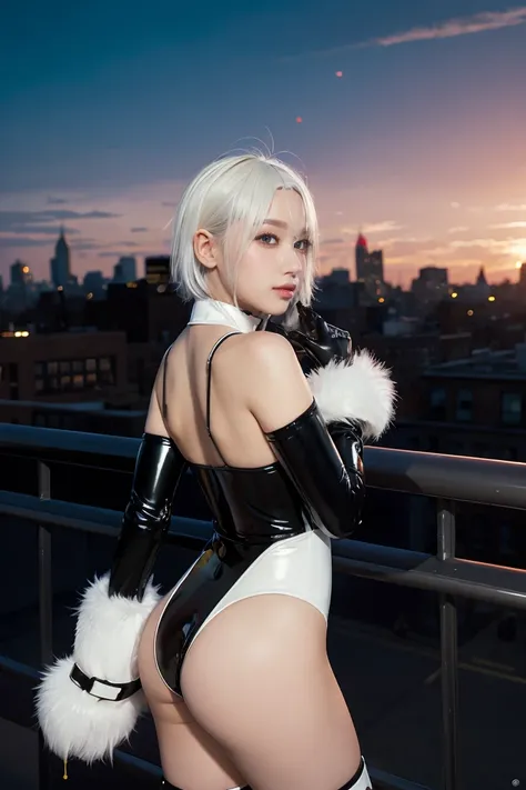 score_9, score_8_up, score_7_up, score_6_up, score_5_up, (fanfoxy style),  
blkct, mask, white hair, latex bodysuit, fur trim,cowboy shot, new York city in the background, looking back, sunset