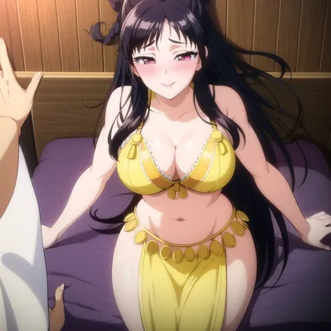 1girl, purple eyes, red eyeshadow, long hair, belly dancer, smile, blush, Kabedon POV, bed,