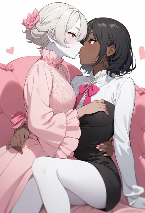 lesbian couple kissing, a girl with long black hair, dark skin, brown eyes and another girl with short hair, wavy white hair, dressed in pink, tender and white skin.