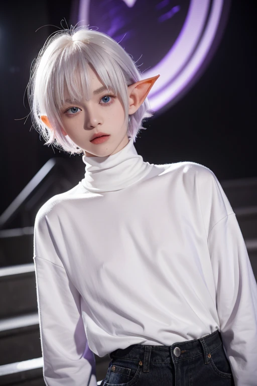 A 15 year old man with short length white hair, but medium back hair, red bangs, albino skin, purple eyes with stellar pupils, elf ears and a long-sleeved black dress, black turtleneck shirt and blue jeans,y2k style, a heart tattoo on the cheek 