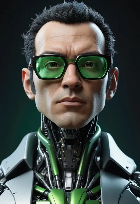 Male body hair of robot with black rimmed glasses with crumpled hair, Look to the camera  ::futuristic cyberpunk style ,realistic styling ::n_digital painting style, deformed parts, deformed face ::seed 1、Black Edged Hair、large nose、Green-based clothing