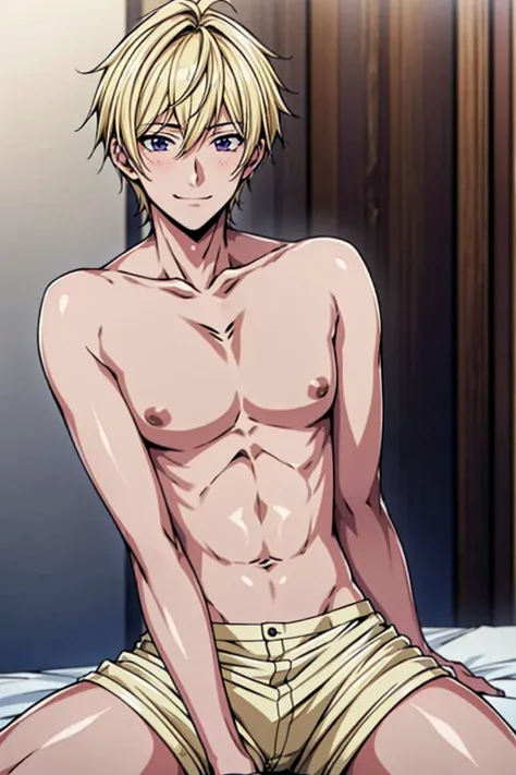 Ultra HD, Super quality, masterpiece, no underwear, blonde short hair, 17 old a boy, solo gay boy, Gay Hentai Anime, Nice body, ((Beautiful anime boy face:1.3)), alone bedroom, full body, sexy body, micro leather shorts, crotch emphasis, sweet, prostitute ...