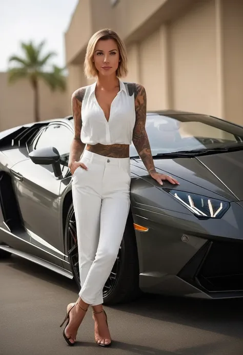 magine a captivating scene where Laurence Bedard confidently sits behind the wheel of a sleek Lamborghini sports car. Dressed in fashionable shorts and a cropped t-shirt, her outfit exudes casual elegance and allure. With a radiant smile on her face, she e...