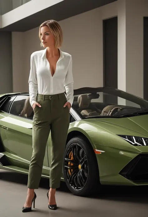 magine a captivating scene where laurence bedard confidently sits behind the wheel of a sleek lamborghini sports car. dressed in...