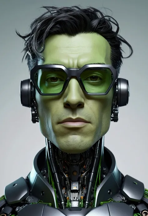 Male body hair of robot with black rimmed glasses with crumpled hair, Look to the camera ::futuristic cyberpunk style ,realistic styling ::n_digital painting style, deformed parts, deformed face ::seed 1、Black Edged Hair、large nose、Green-based clothing