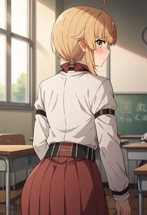 nsfw，from  behind，
norngreyrat, norn greyrat, bangs, blonde hair, green eyes, ahoge,
long sleeves, bow，jacket, bowtie, red bow, ...