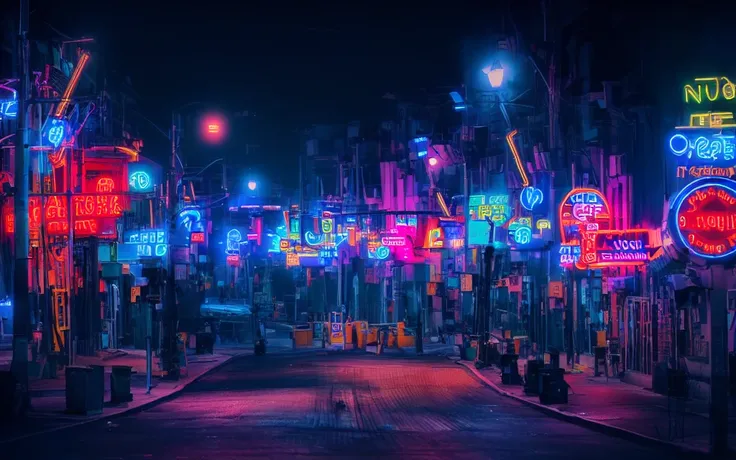 brightly lit neon lights on city streets at night, neon street, neon lights everywhere, neon streetlights, colored neons, city m...