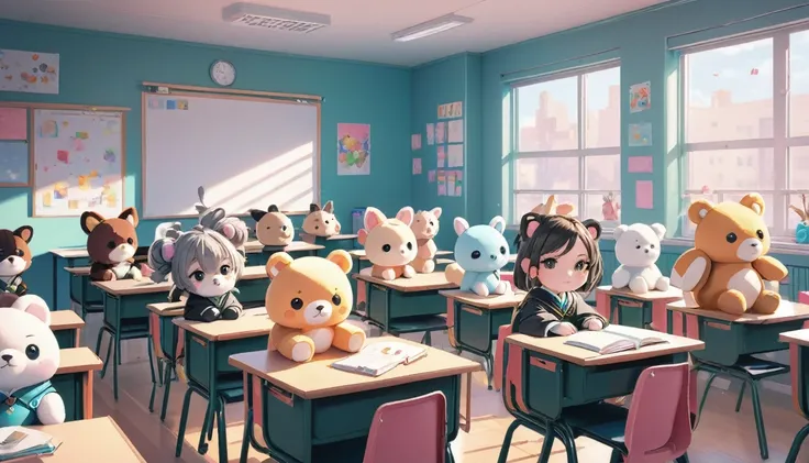 there are many stuffed animals sitting in a classroom with desks, classroom background, adorable digital painting, cute 3 d render, artwork in the style of guweiz, animation style render, typical anime classroom, kawaii hq render, childrens art in artstati...