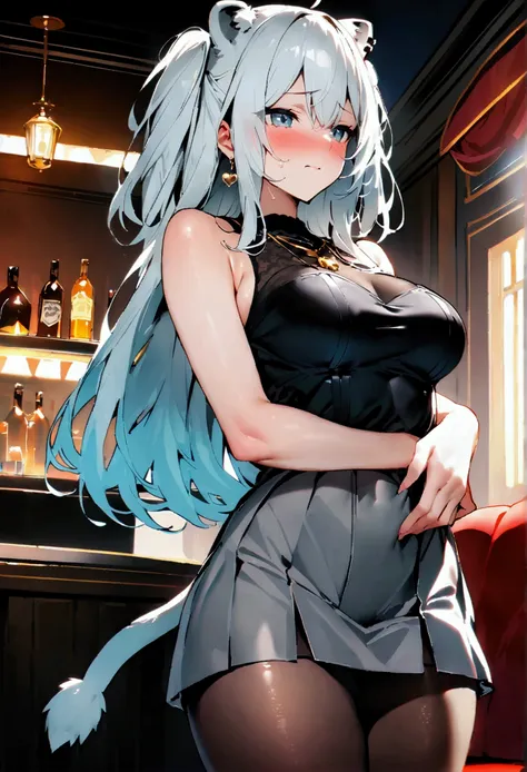 NSFW,masterpiece,Highest quality,High resolution,Super detailed,Shishirabotan(Hololive),Long Hair、Two Side Up、Earrings、Lion&#39;s Tail,necklace、Black Shirt、Sleeveless shirt、abdomen、See-through、Grey Skirt、片足pantyhose、pantyhose、Off the shoulder,Black sexy pa...