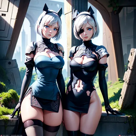 ruined city, A city overgrown with plants, Ruins, 2b of Nier Automata, White Hair Bob, ashy hair, The eyes are covered with a bandage, Cyan eyes, black dress with a short skirt, neckline on the chest, white panty, black stockings, high black boots, high-he...