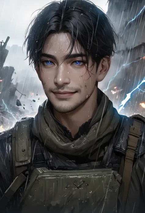 Masterpiece, Highest quality, Heavy rain, battlefield, realistic, 1 person, mature man,solemn face, A quiet and charming young man, 30 years old, smile, gag, Portrait, Highly detailed face, 寒さとsmile, ((blue eyes)), dark black hair,short hair,short hairสีดำ...