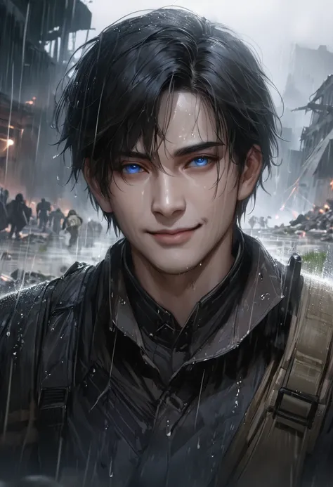 Masterpiece, Highest quality, Heavy rain, battlefield, realistic, 1 person, mature man,solemn face, A quiet and charming young man, 30 years old, smile, gag, Portrait, Highly detailed face, 寒さとsmile, ((blue eyes)), dark black hair,short hair,short hairสีดำ...