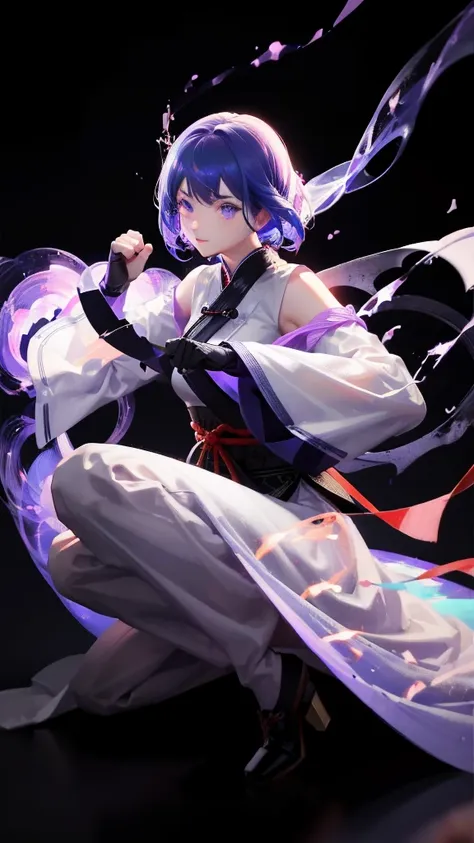 a handsome chinese girl, Sharp eyes, clear facial features, Wearing Hanfu, Fighting Stance, martial arts moves, The body is surrounded by purple mist, Runes around, Holographic Reality, Holographic Aura, Motion blur, Game lighting effects, Edge light, Soft...