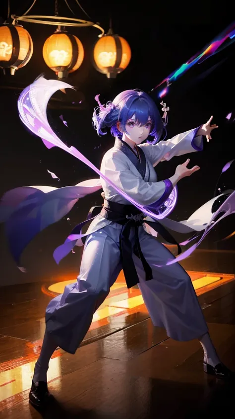 a handsome chinese girl, Sharp eyes, clear facial features, Wearing Hanfu, Fighting Stance, martial arts moves, The body is surrounded by purple mist, Runes around, Holographic Reality, Holographic Aura, Motion blur, Game lighting effects, Edge light, Soft...