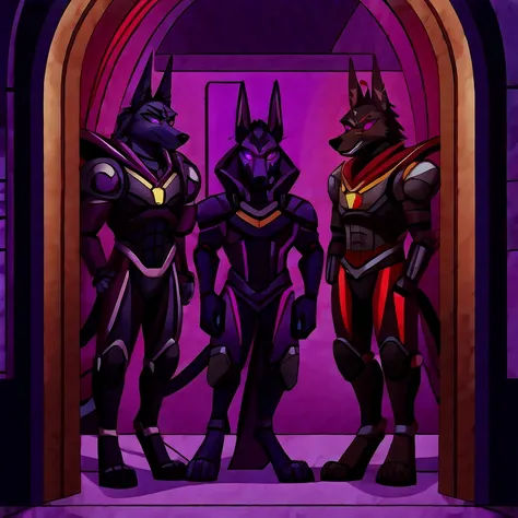 (masterpiece, best quality:1.2), Anubis jackals hellhounds, a couple of male bodyguards, wolves, furry, helluva boss, hypnotized with glowing purple eyes, angry serious face, wearing futuristic armor, using a Pulse Rifle, Energy Rifle, Futuristic assault r...