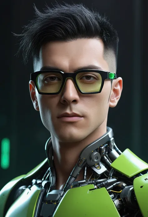 Male robot body hair with black-rimmed glasses with undercut hair, Look to the camera ::futuristic cyberpunk style ,realistic styling ::n_digital painting style, robotic parts, face perfect::seed 1、Black Edged Hair、large nose、Green-based clothing