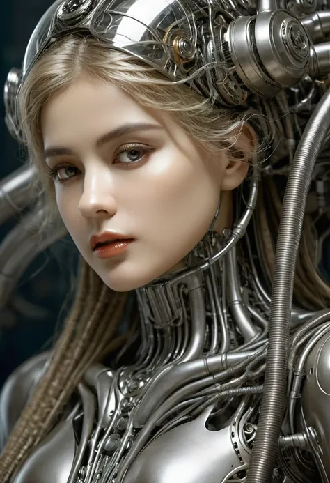 woman face, woman, A strong young engineer with mechanical enhancements,  complex, elegant, Very detailed, number, Art Station, Concept Art, Smooth, Clear focus, illustration, Art work：HR Giger、Greg Rutkowski 和 Alphonse Mucha, Beautiful dramatic lighting