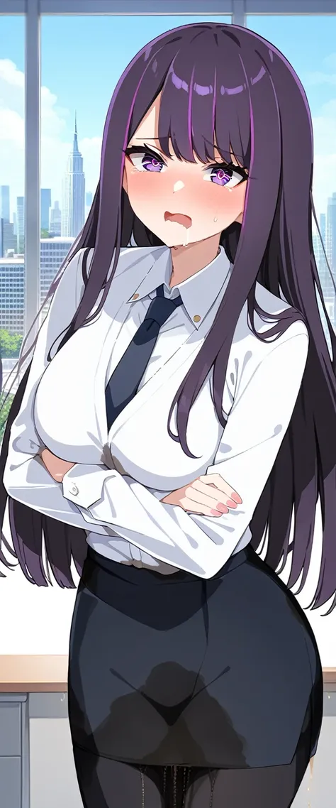 (masterpiece:1.37), best quality, (extremely detailed:1.37), (1girl:1.5), woman, (mature:1.5), (adult:1.5), large breasts, very long hair, (straight hair:1.5), (very dark purple hair:1.5), purple eyes, (extremely detailed eyes:1.37), business suit, necktie...