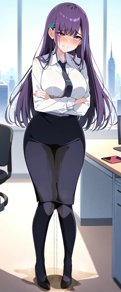 (masterpiece:1.37), best quality, (extremely detailed:1.37), (1girl:1.5), woman, (mature:1.5), (adult:1.5), large breasts, very long hair, (straight hair:1.5), (very dark purple hair:1.5), purple eyes, (extremely detailed eyes:1.37), business suit, necktie...