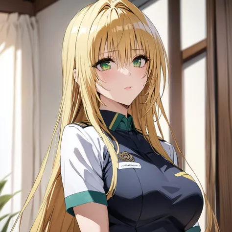 ((Highest quality)), ((masterpiece)), (detailed), （Perfect Face）、The woman is Tiare, a member of the Visitors with green eyes and medium-long blonde hair, wearing the Visitor uniform.