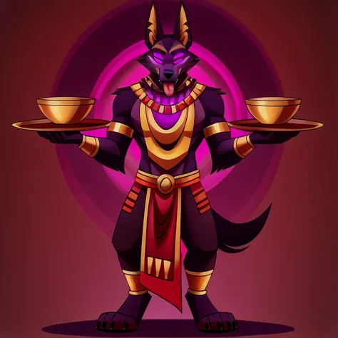 (masterpiece, best quality:1.2), Vortex anubian jackal hellhound, wolf, furry, helluva boss, hypnotized with glowing purple eyes, tongue out, tribal clothes, yellow_tabard, tribal clothes,  carrying a tray with golden cups full body image